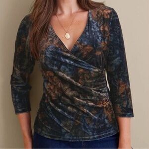 Velvet Stretch Tapestry Velvet Ruched Cropped Sleeve Top Women's M Artsy